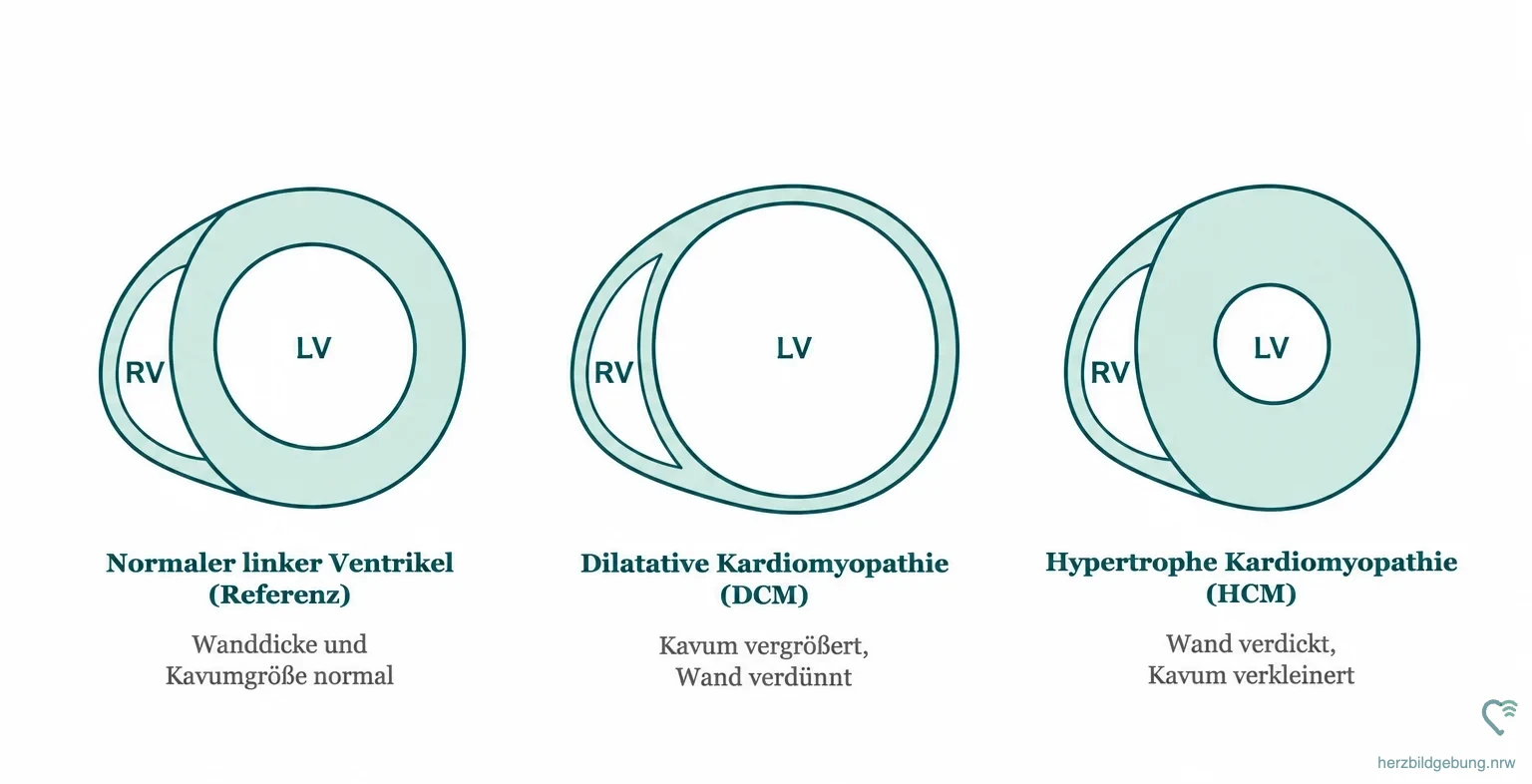 Schematische Wandgeometrie der kardiomyopathischen Phänotypen im Kurzachsenschnitt: normaler linker Ventrikel, dilatative Kardiomyopathie (DCM) und hypertrophe Kardiomyopathie (HCM)